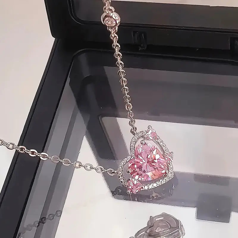 Pink Rhinestone Love Heart Pendant Necklace