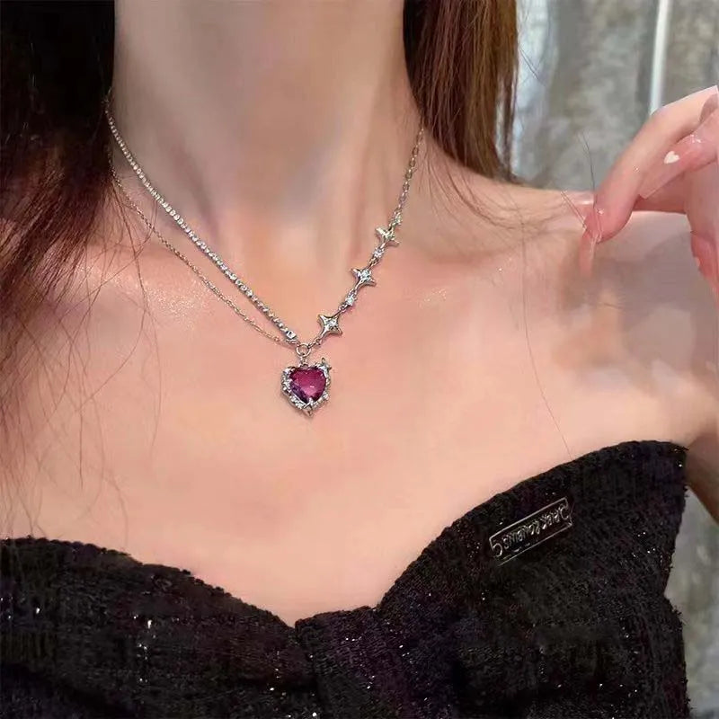 Pink Rhinestone Love Heart Pendant Necklace